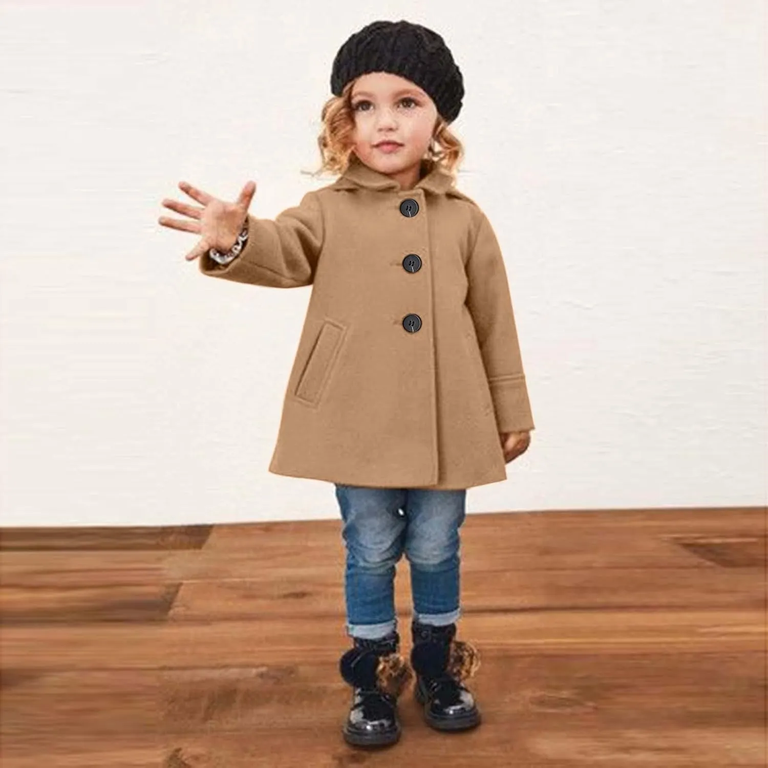 Toddler Girls Trench Coat Baby Girl Woolen Coat Girl Button Dress Coat Peacoat Winter Fall Outerwear