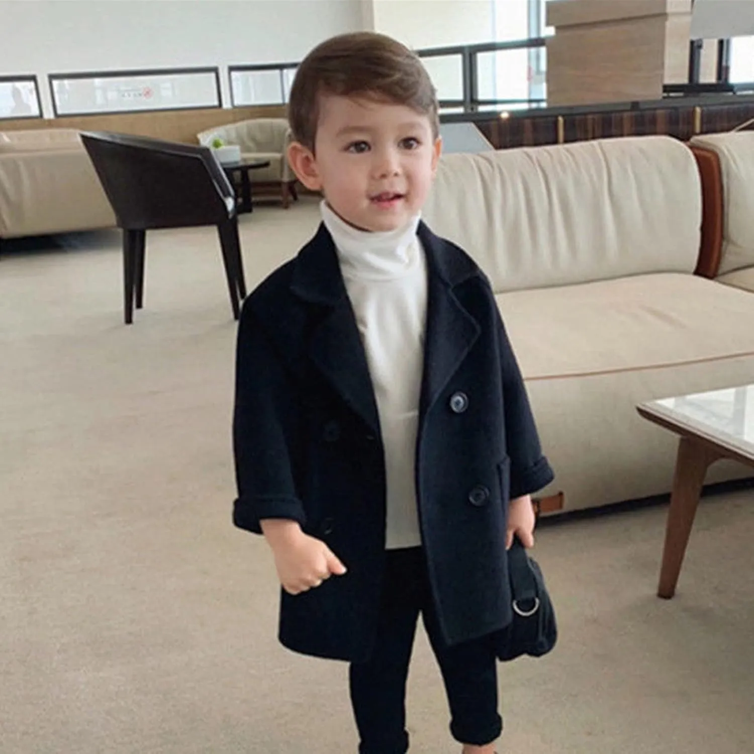 Toddler Kids Plaid Coat Elegant Notched Collar Double Breasted Wool Blend Over Pea Coat Baby Boys Girls Trench Coat Jacket
