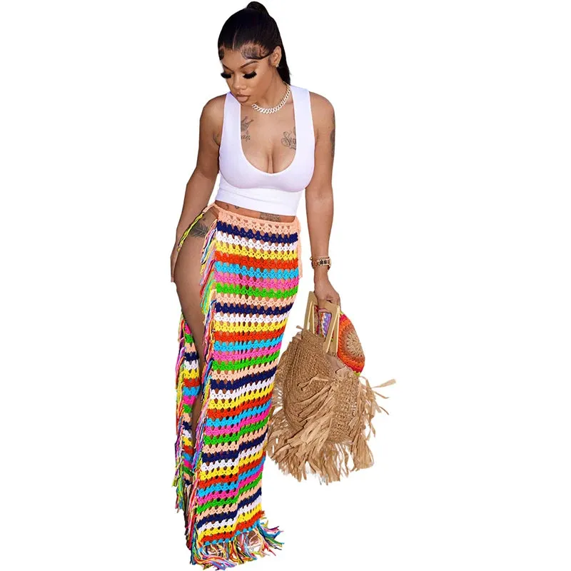 Toleet-Colorful Hand Crochet Tassel Maxi Skirts Women Fashion Sexy Side High Split Knitted Long Beach Cover Ups Casual Petticoats