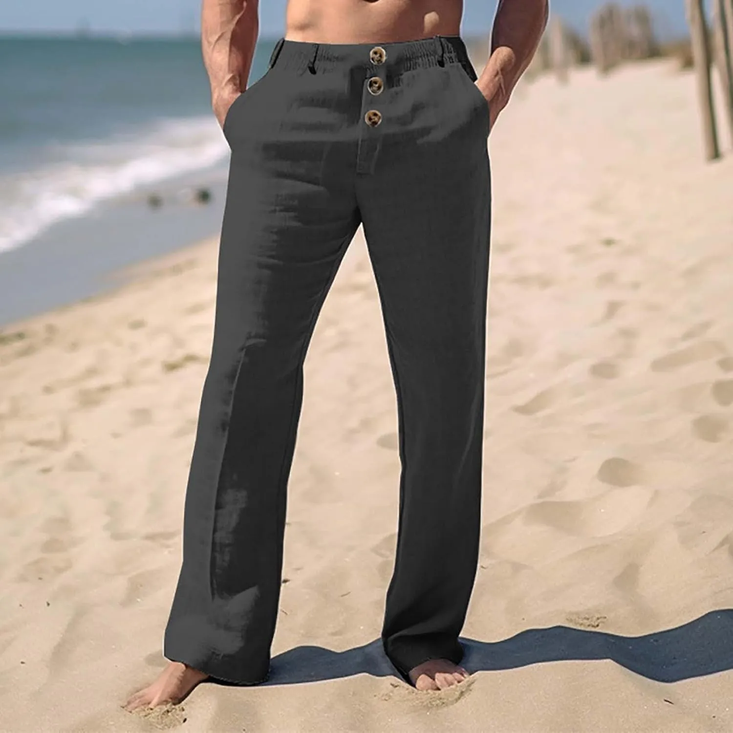 Tready Cruise Wear for Men Linen Cotton Straight Wide Leg Casual Trousers Summer Breathable Beach Yoga Pant with Pockets