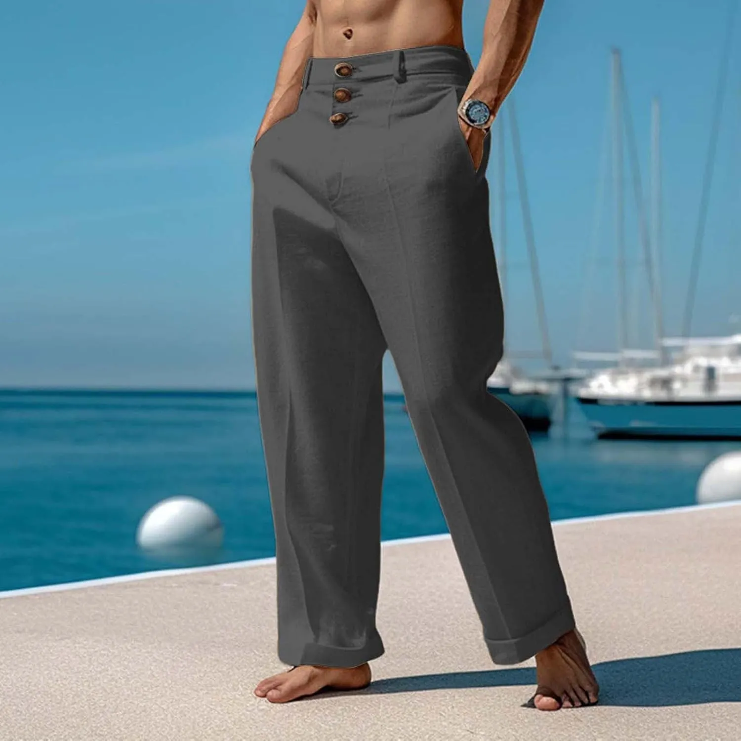 Tready Cruise Wear for Men Linen Cotton Straight Wide Leg Casual Trousers Summer Breathable Beach Yoga Pant with Pockets