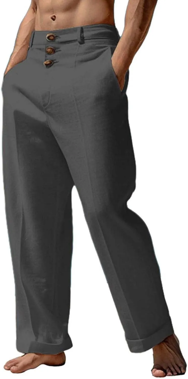 Tready Cruise Wear for Men Linen Cotton Straight Wide Leg Casual Trousers Summer Breathable Beach Yoga Pant with Pockets