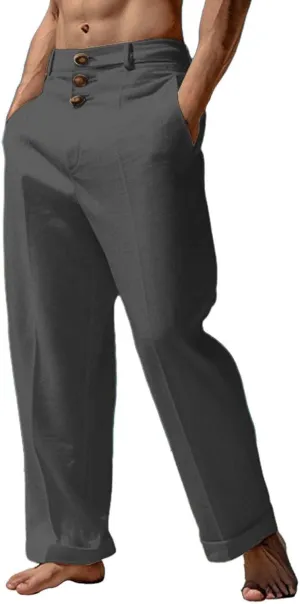 Tready Cruise Wear for Men Linen Cotton Straight Wide Leg Casual Trousers Summer Breathable Beach Yoga Pant with Pockets