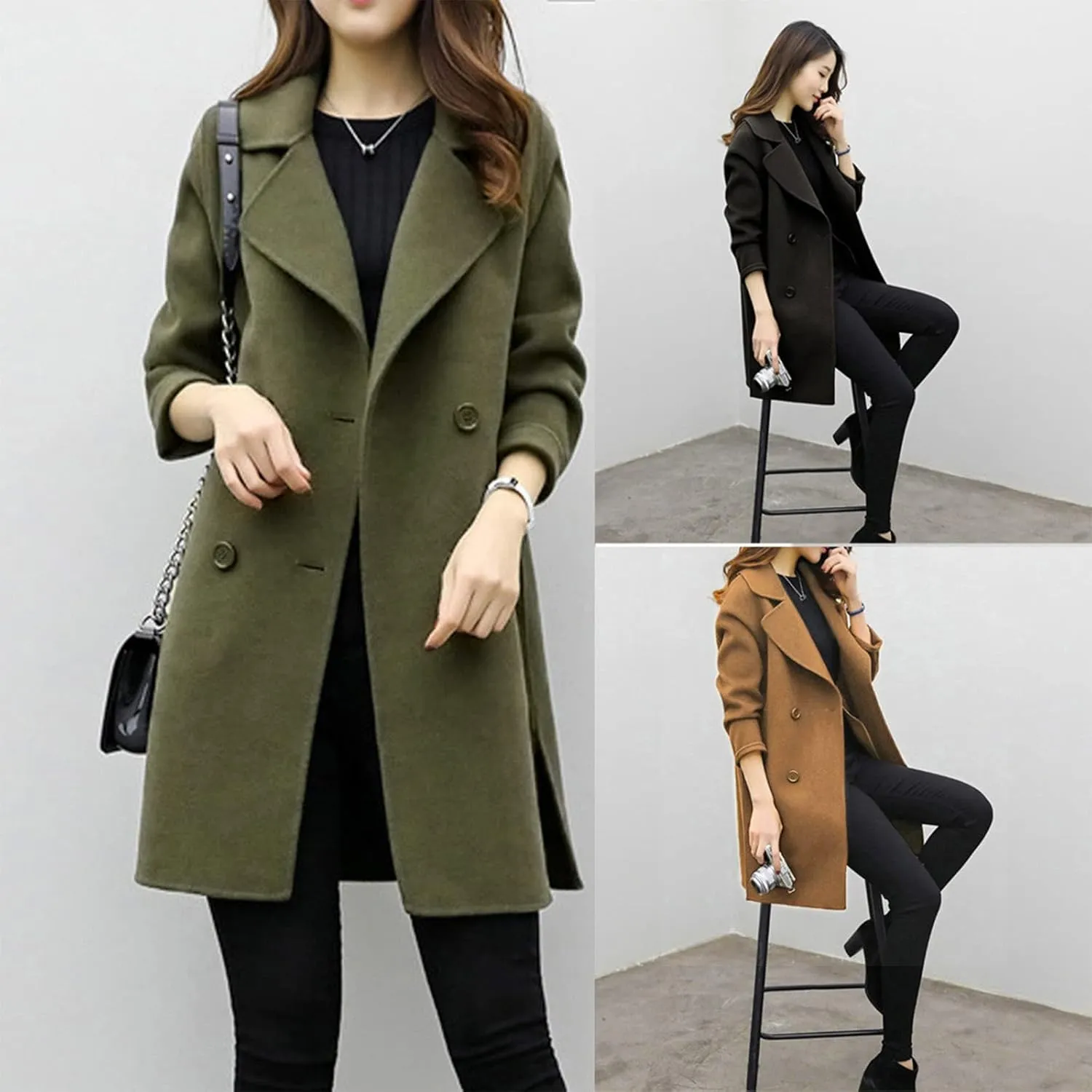 Trench Coat for Women 2024 Winter Warm Wool Blend Pea Coats Lapel Collar Double Breasted Over Coats Long Jackets
