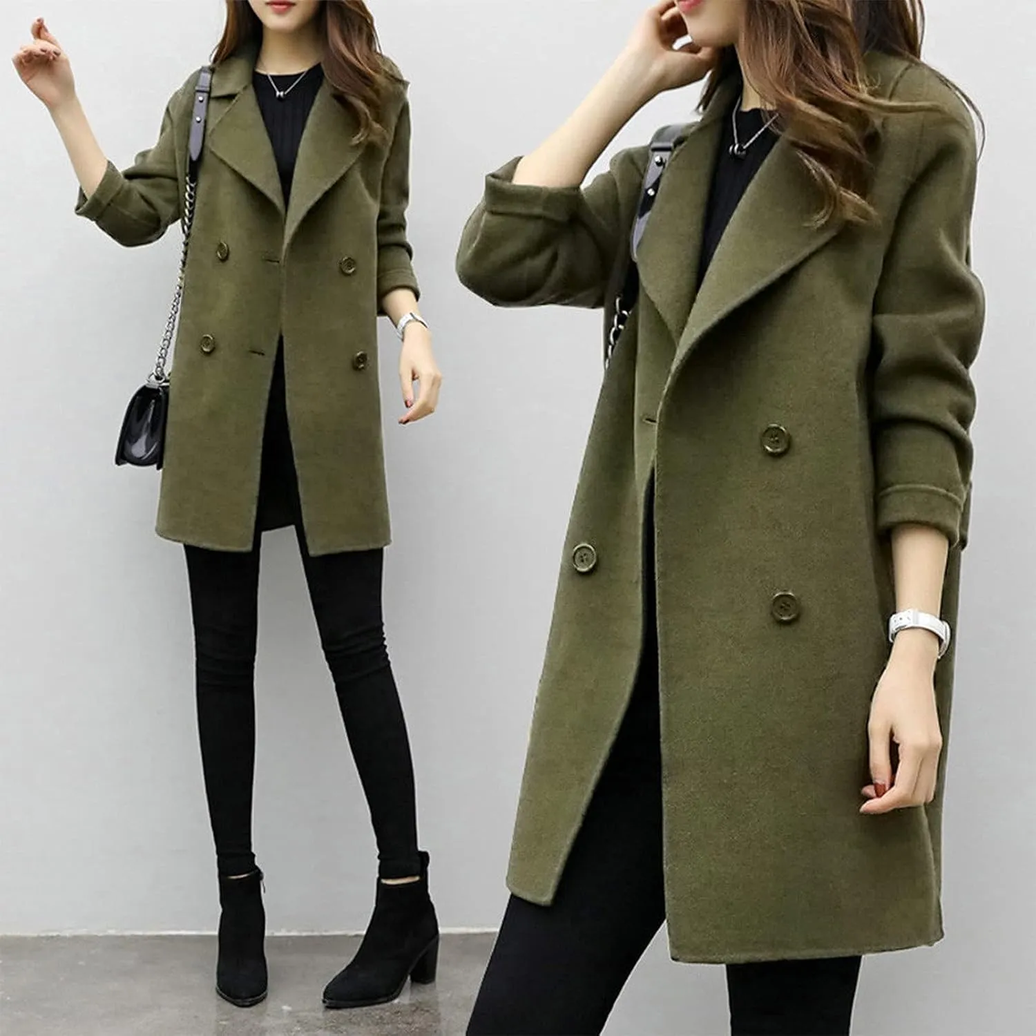 Trench Coat for Women 2024 Winter Warm Wool Blend Pea Coats Lapel Collar Double Breasted Over Coats Long Jackets