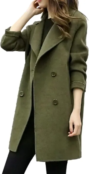 Trench Coat for Women 2024 Winter Warm Wool Blend Pea Coats Lapel Collar Double Breasted Over Coats Long Jackets