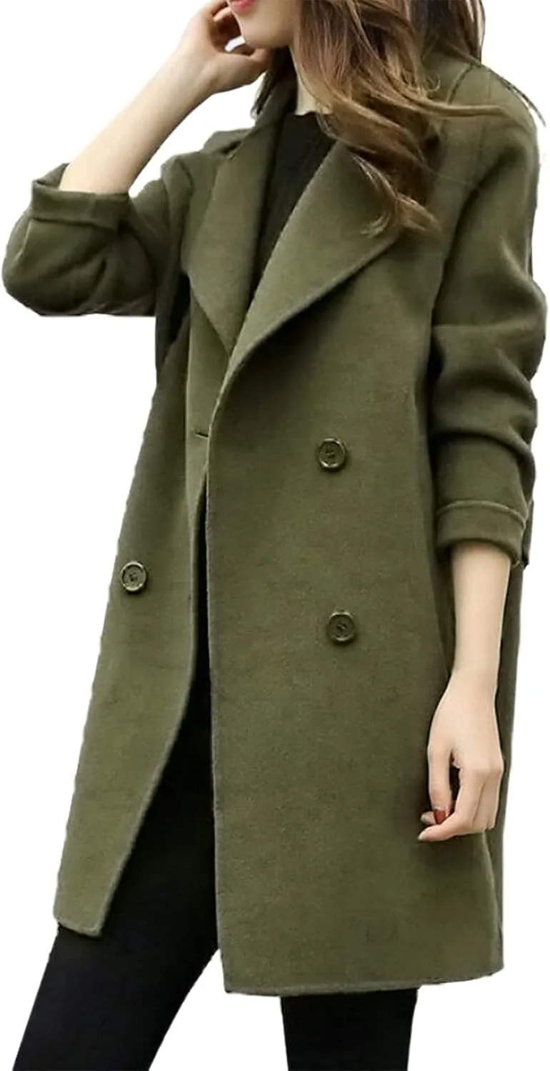 Trench Coat for Women 2024 Winter Warm Wool Blend Pea Coats Lapel Collar Double Breasted Over Coats Long Jackets