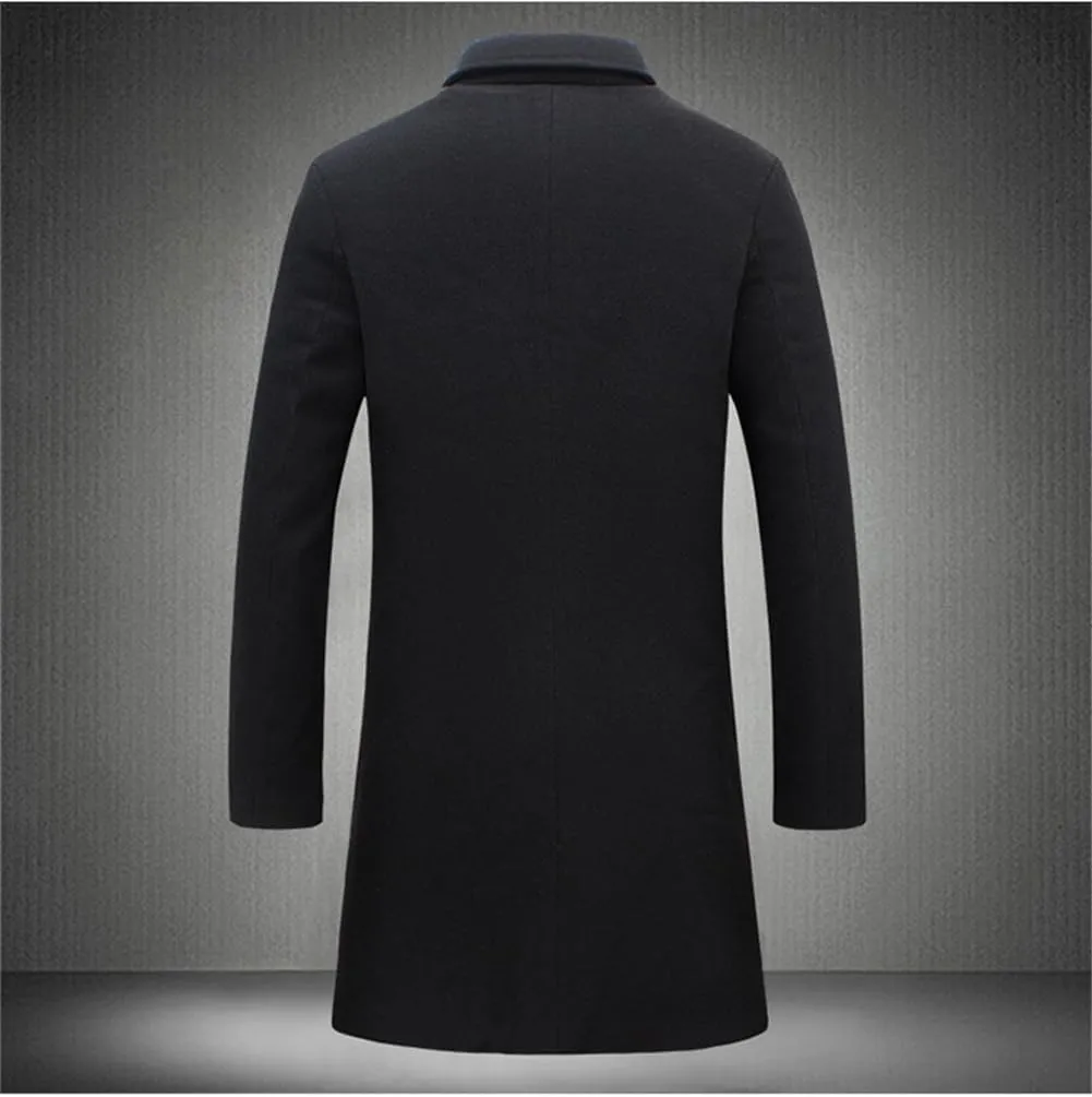 Trench Coat Men Single Breasted Wool Blend Coat, Notched Lapel Mid Length Pea Coat, Warm Winter Trench Coat With Pockets