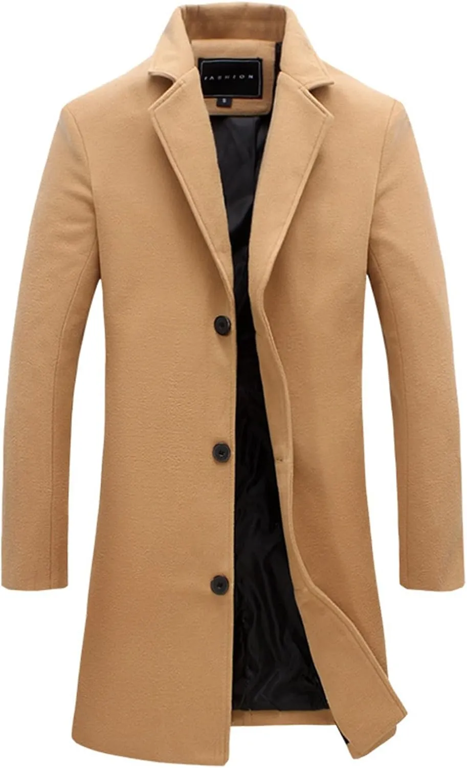 Trench Coat Men Single Breasted Wool Blend Coat, Notched Lapel Mid Length Pea Coat, Warm Winter Trench Coat With Pockets
