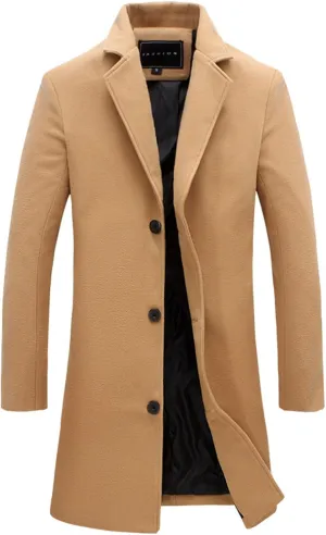 Trench Coat Men Single Breasted Wool Blend Coat, Notched Lapel Mid Length Pea Coat, Warm Winter Trench Coat With Pockets