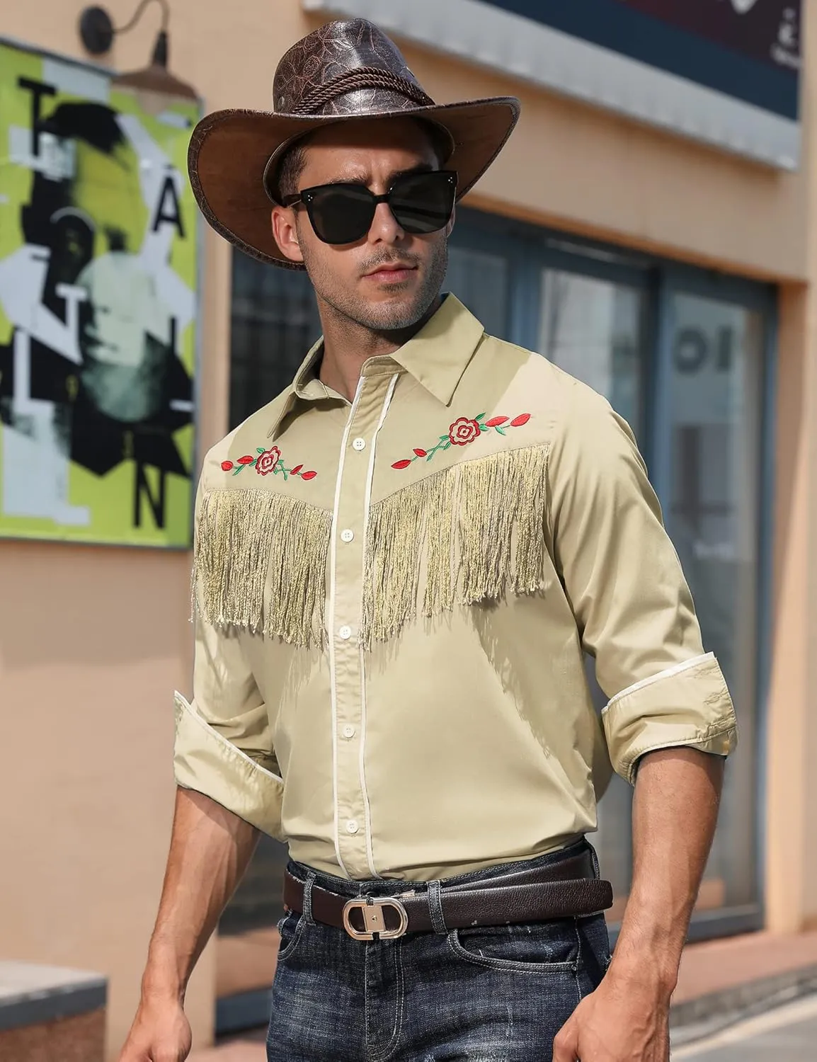 TURETRENDY Men's Western Cowboy Fringe Shirt Long Sleeve Rose Embroidered Slim Fit Button Down Shirt