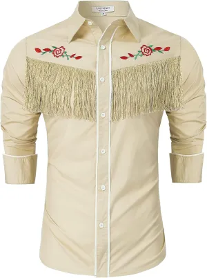 TURETRENDY Men's Western Cowboy Fringe Shirt Long Sleeve Rose Embroidered Slim Fit Button Down Shirt