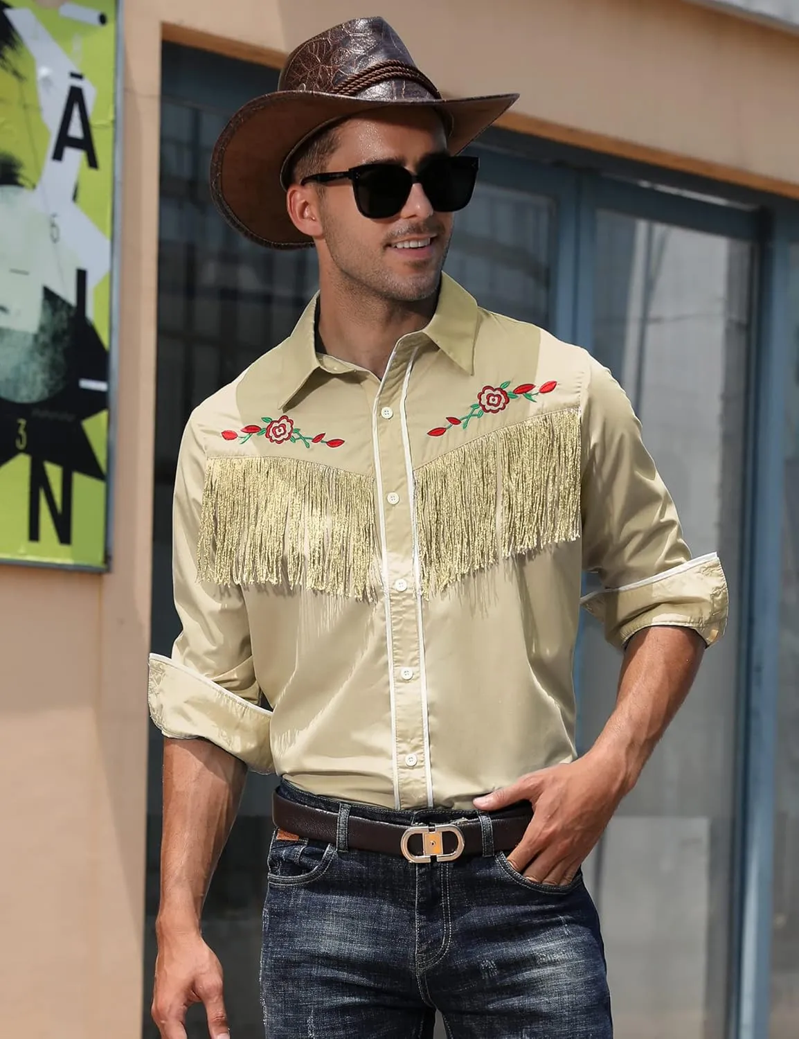 TURETRENDY Men's Western Cowboy Fringe Shirt Long Sleeve Rose Embroidered Slim Fit Button Down Shirt