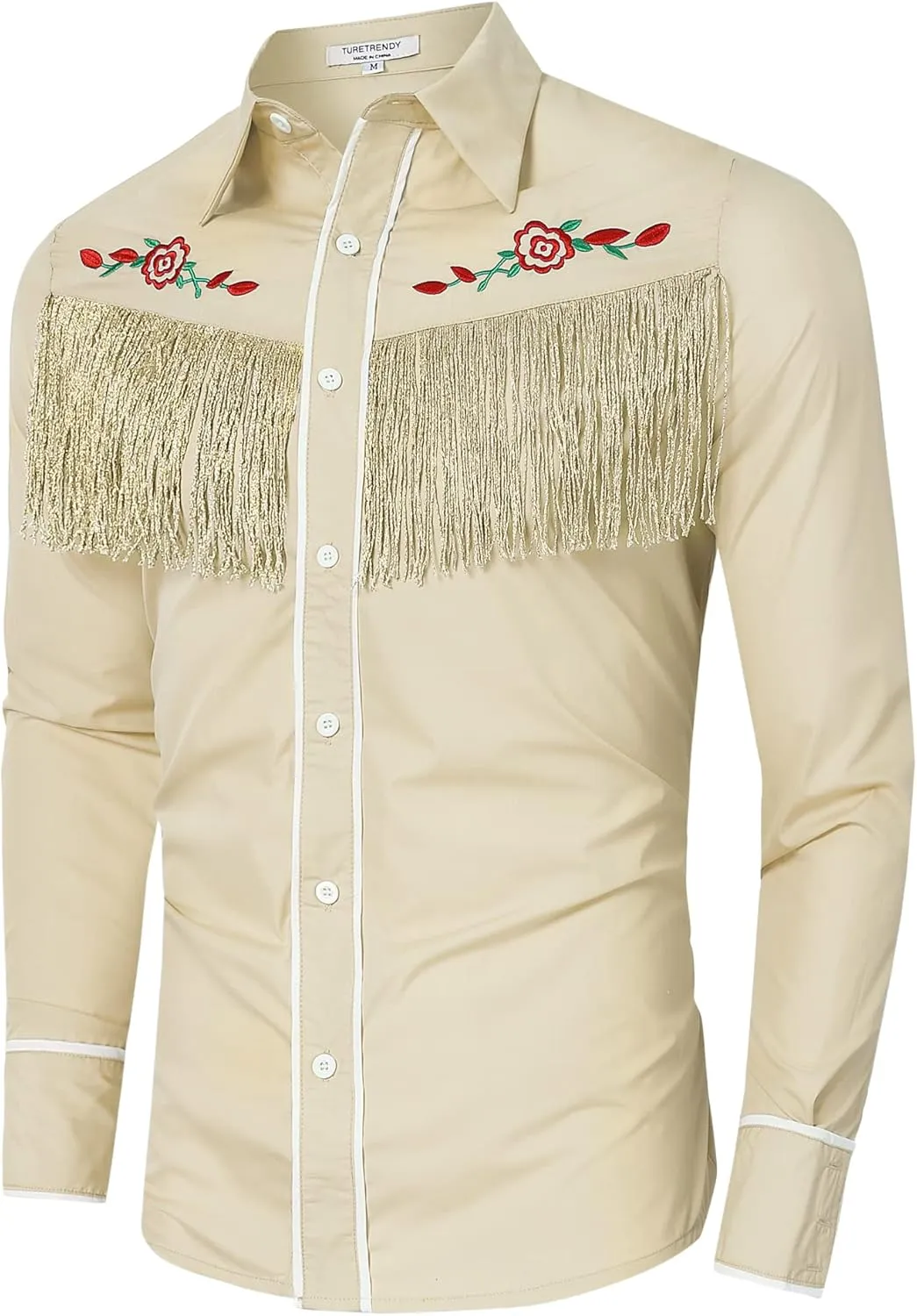TURETRENDY Men's Western Cowboy Fringe Shirt Long Sleeve Rose Embroidered Slim Fit Button Down Shirt