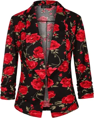 Unifizz Womens Casual Blazer Pockets Open Front Cardigan Work Office Jacket 3/4 Sleeve