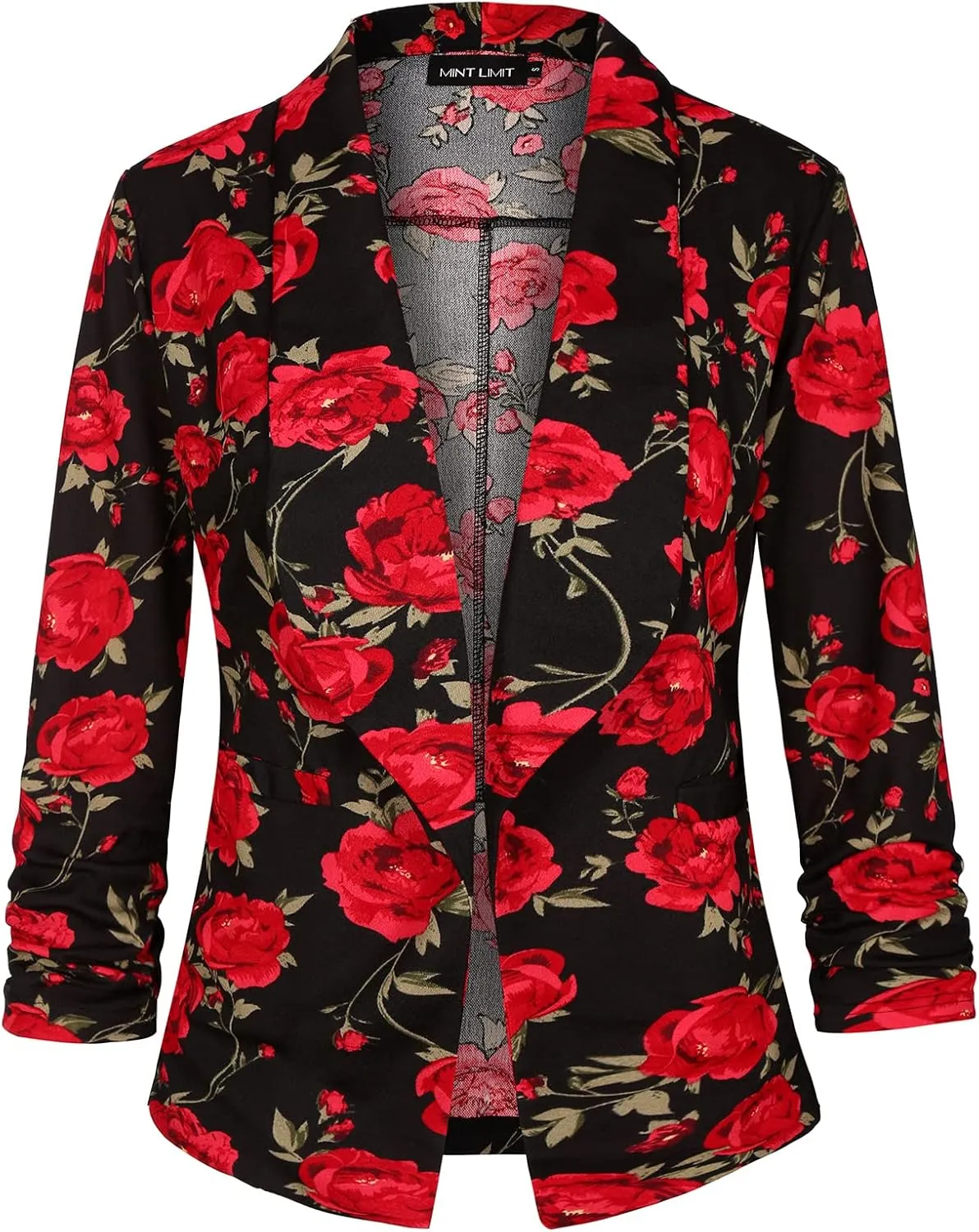 Unifizz Womens Casual Blazer Pockets Open Front Cardigan Work Office Jacket 3/4 Sleeve
