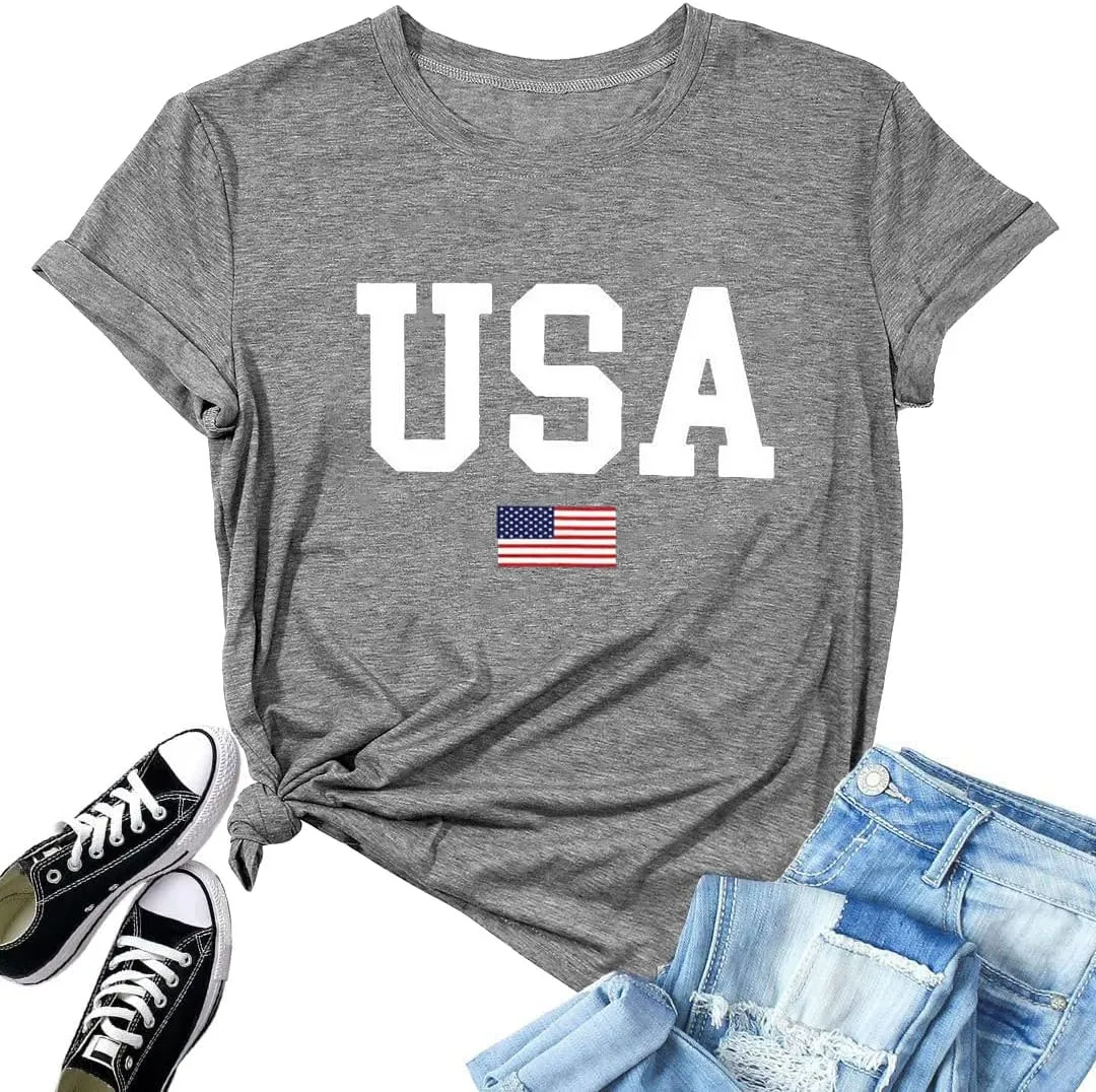 USA Flag Tee Shirt for Women 4th of July Memorial Day Gift T Shirt Casual Short Sleeve American Proud T-Shirt Tops