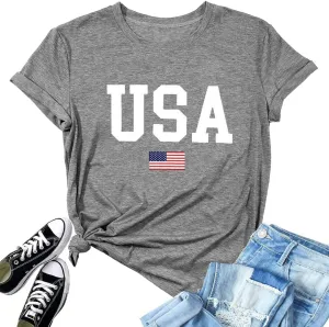 USA Flag Tee Shirt for Women 4th of July Memorial Day Gift T Shirt Casual Short Sleeve American Proud T-Shirt Tops