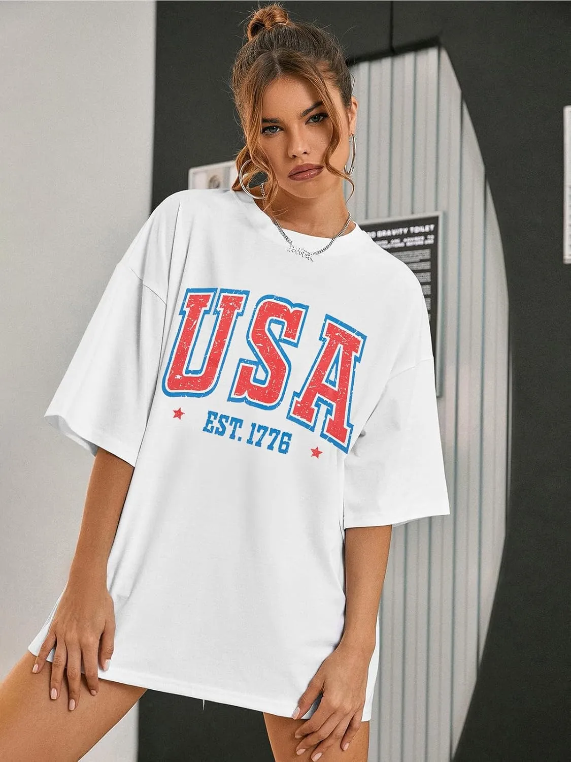 USA Shirt American Flag Shirt : Women Oversize 4th of July Shirts Patriotic T-Shirt Memorial Day Short Sleeve Tops