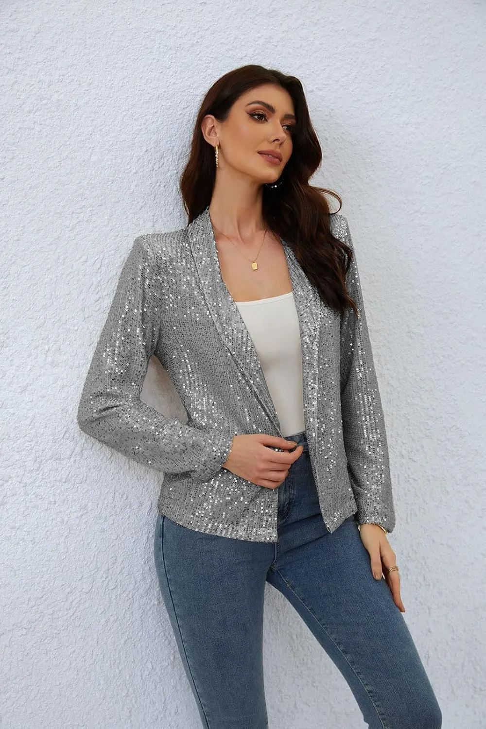 utcoco Womens Sequin Blazer Casual Long Sleeve Open Front Sparkle Blazer Jacket