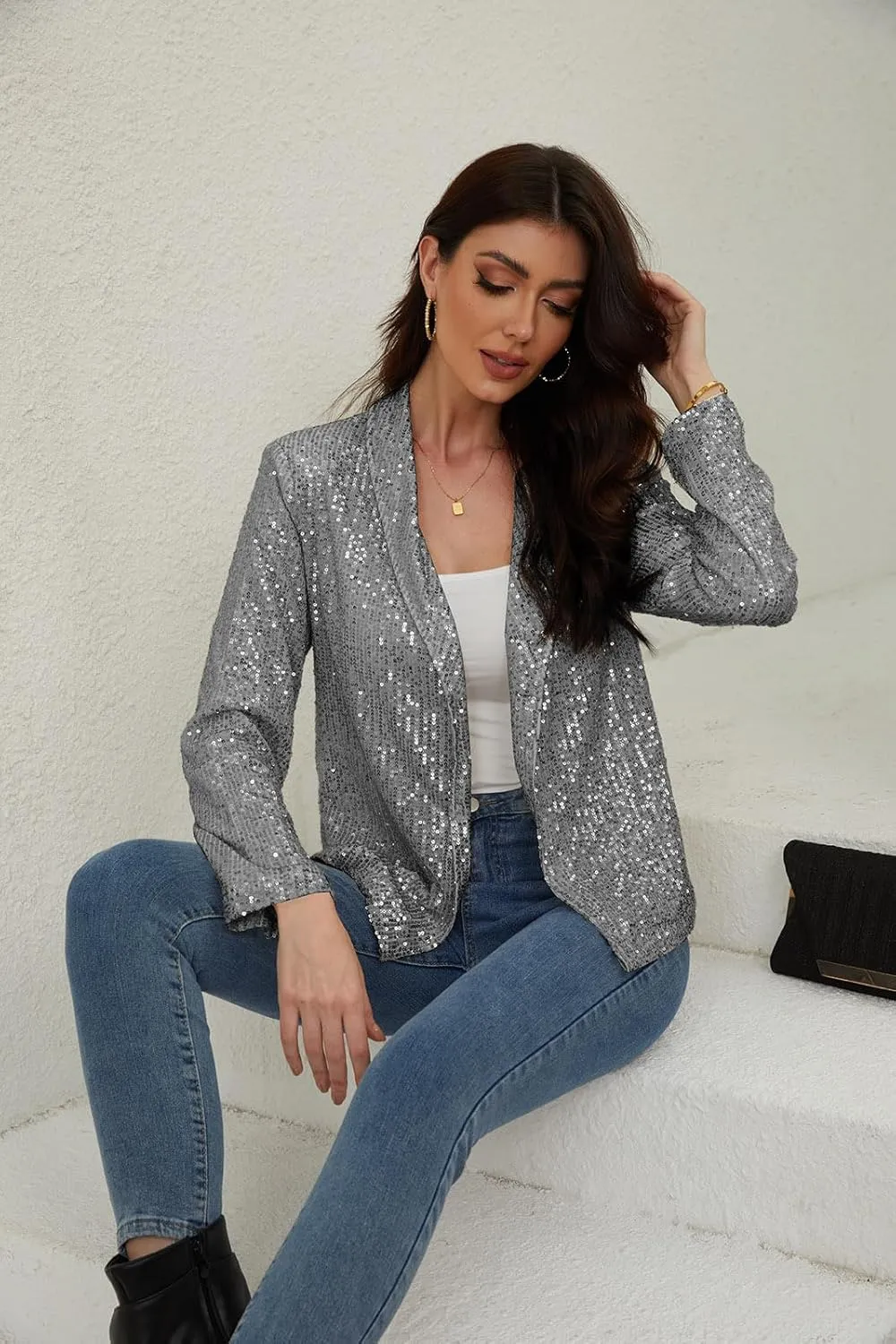 utcoco Womens Sequin Blazer Casual Long Sleeve Open Front Sparkle Blazer Jacket