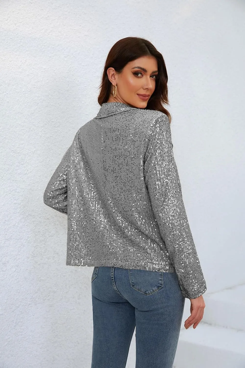 utcoco Womens Sequin Blazer Casual Long Sleeve Open Front Sparkle Blazer Jacket