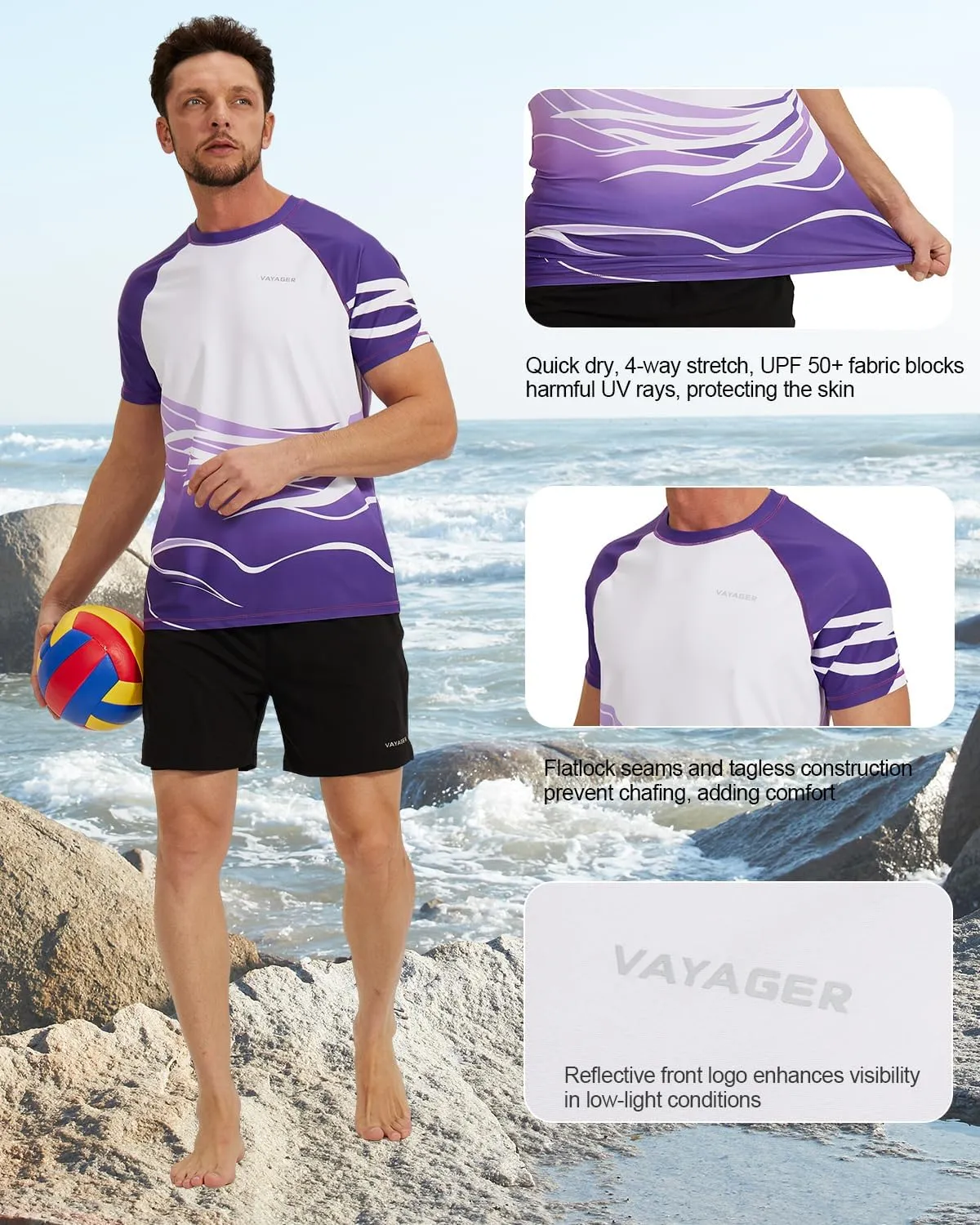 VAYAGER Men's Swim Shirt UPF 50  UV Sun Protection Quick Dry Rash Guard Shirts Short Sleeve Surf Shirt Fishing Beach T-Shirt