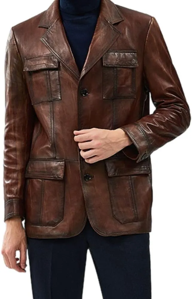 Vintage Brown Blazer - Soft Italian Lambskin Leather Sport Coat with Button Closure