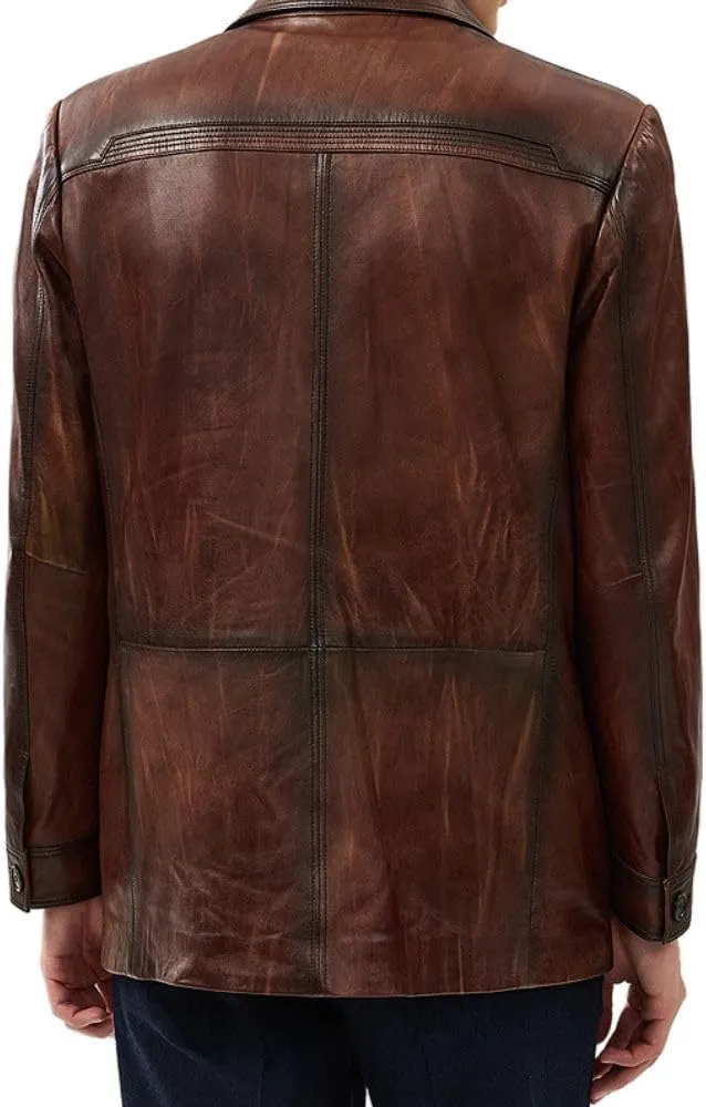 Vintage Brown Blazer - Soft Italian Lambskin Leather Sport Coat with Button Closure