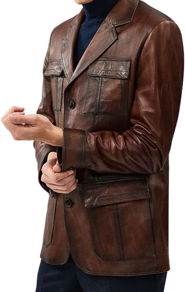 Vintage Brown Blazer - Soft Italian Lambskin Leather Sport Coat with Button Closure