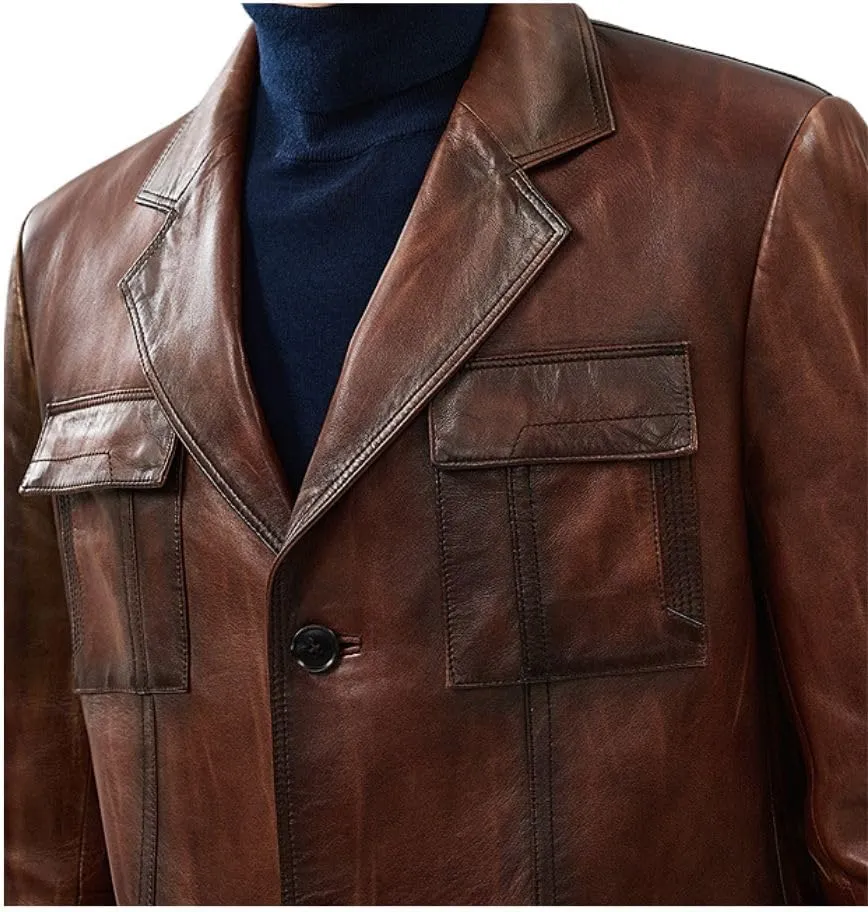 Vintage Brown Blazer - Soft Italian Lambskin Leather Sport Coat with Button Closure