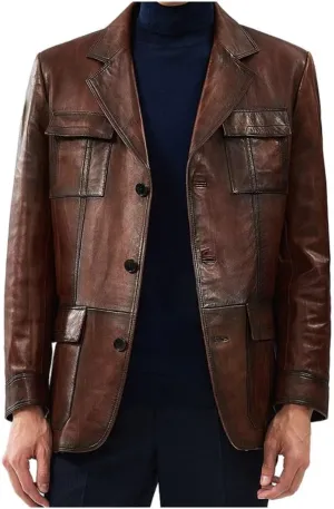 Vintage Brown Blazer - Soft Italian Lambskin Leather Sport Coat with Button Closure