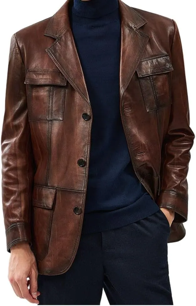 Vintage Brown Blazer - Soft Italian Lambskin Leather Sport Coat with Button Closure