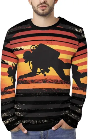 Vintage Diver Diving On Sunset Men's Shirt Long Sleeve Tops Casual Tee Lightweight T-Shirt