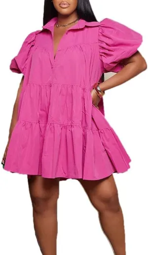 VIVICOLOR Womens Puff Sleeve Babydoll Mini Shirt Dress Button Down Lapel Ruffle Hem Mini Shirt Dress
