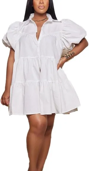 VIVICOLOR Womens Puff Sleeve Babydoll Mini Shirt Dress Button Down Lapel Ruffle Hem Mini Shirt Dress