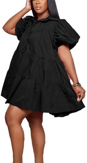VIVICOLOR Womens Puff Sleeve Babydoll Mini Shirt Dress Button Down Lapel Ruffle Hem Mini Shirt Dress
