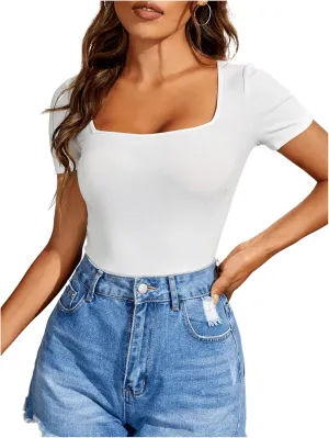 WDIRARA Women's Petite Square Neck Short Sleeve T-Shirt Slim Fit Tee Shirt