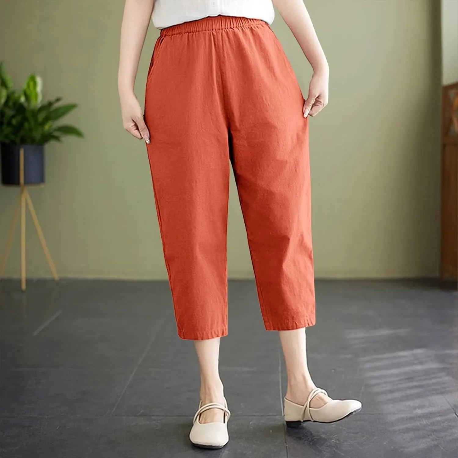 Wide Leg Linen Pants for Women Summer Beach Capri Palazzo Flowy Pant Casual Loose High Waist Trousers with Pockets