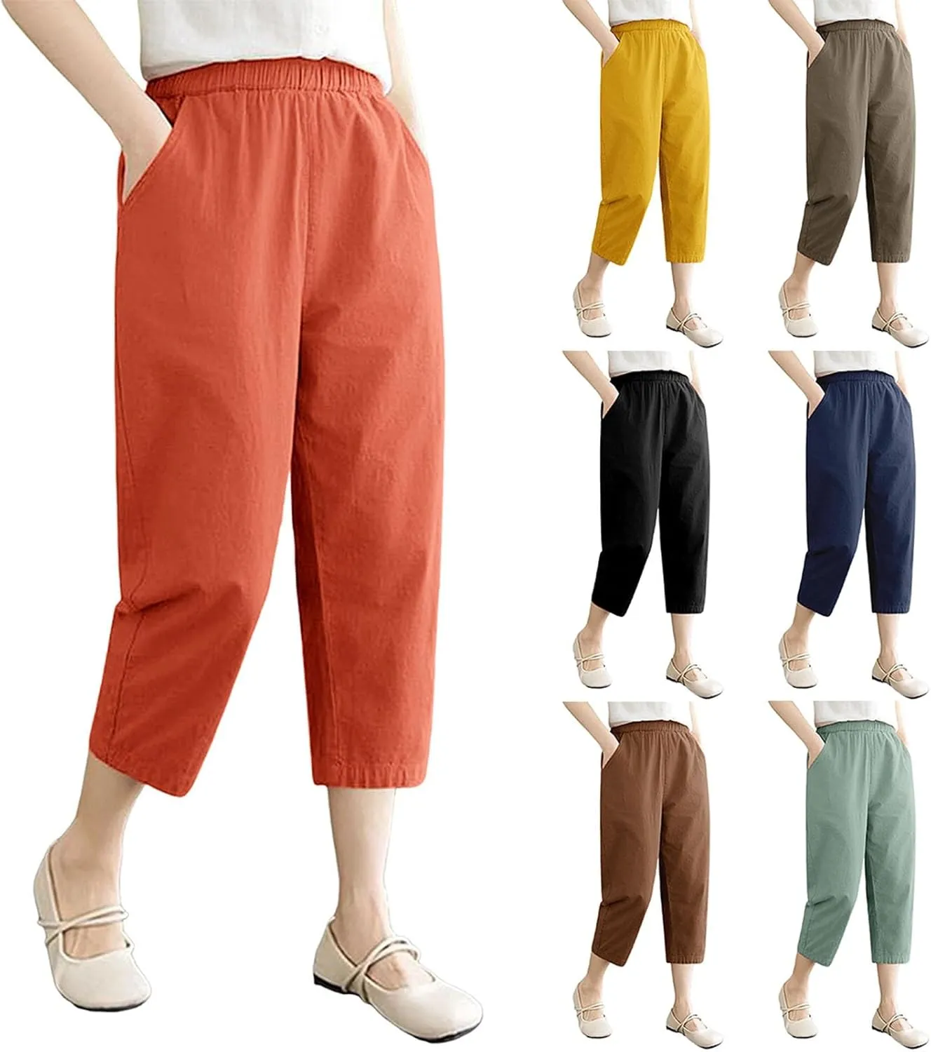 Wide Leg Linen Pants for Women Summer Beach Capri Palazzo Flowy Pant Casual Loose High Waist Trousers with Pockets