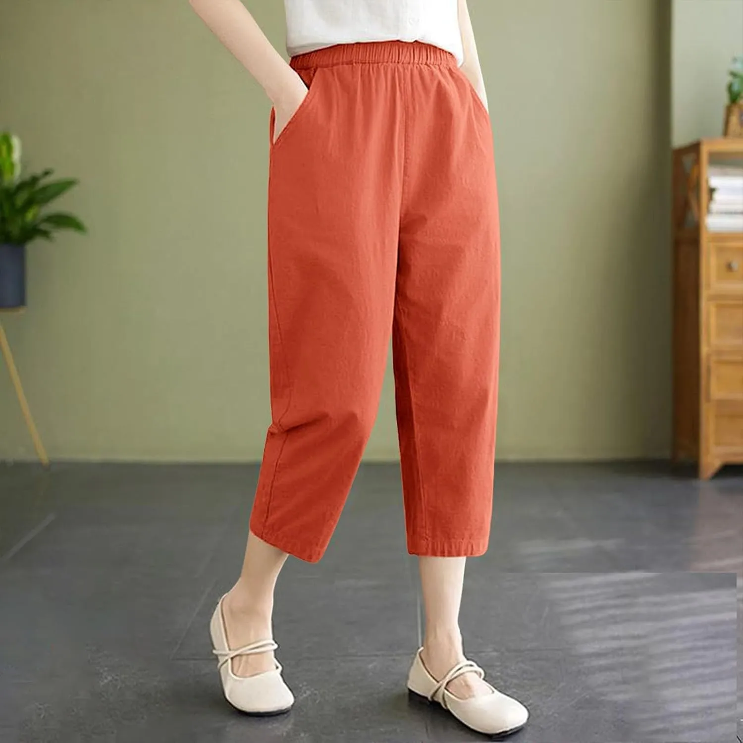 Wide Leg Linen Pants for Women Summer Beach Capri Palazzo Flowy Pant Casual Loose High Waist Trousers with Pockets