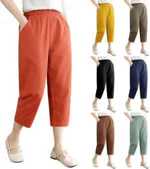 Wide Leg Linen Pants for Women Summer Beach Capri Palazzo Flowy Pant Casual Loose High Waist Trousers with Pockets
