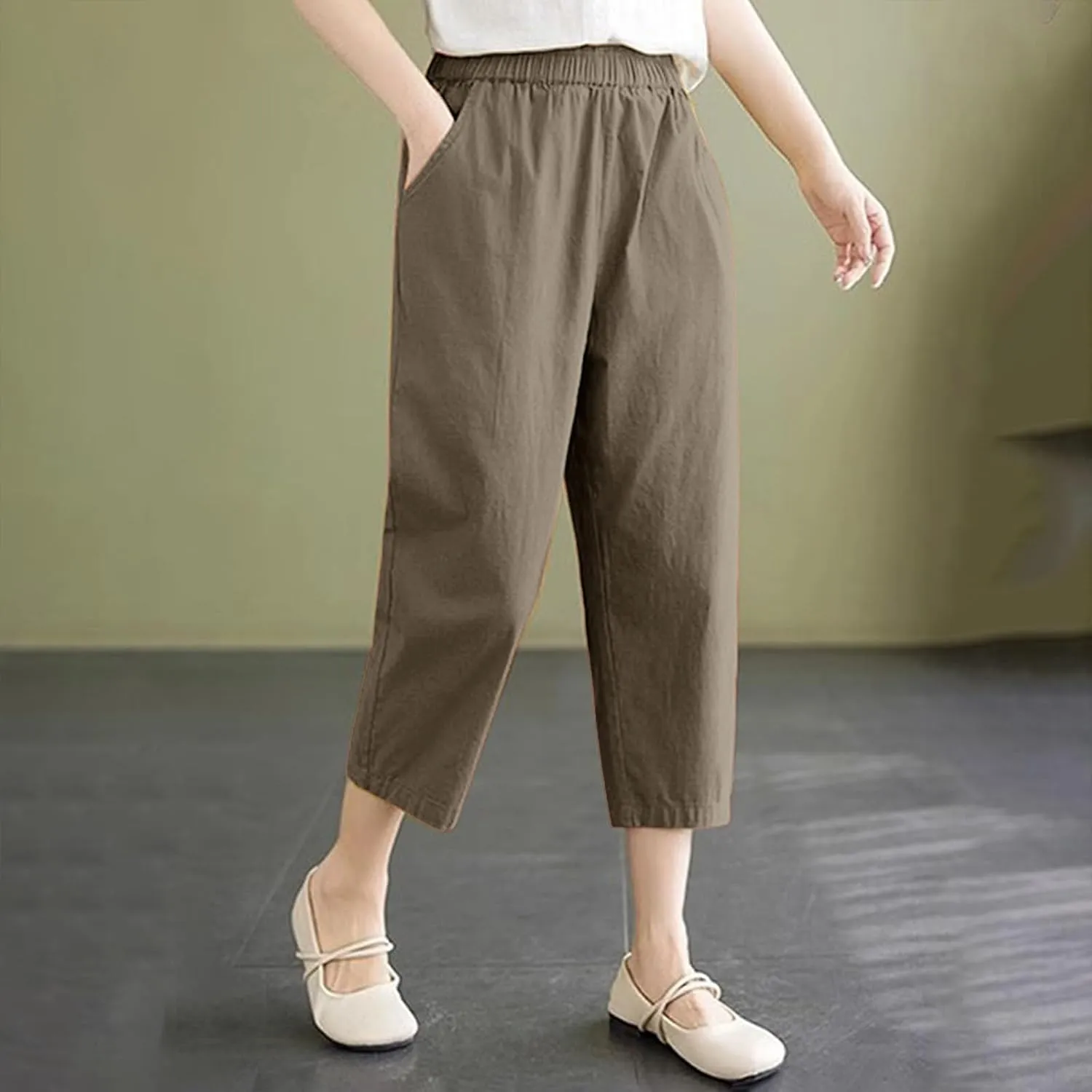 Wide Leg Linen Pants for Women Summer Beach Capri Palazzo Flowy Pant Casual Loose High Waist Trousers with Pockets