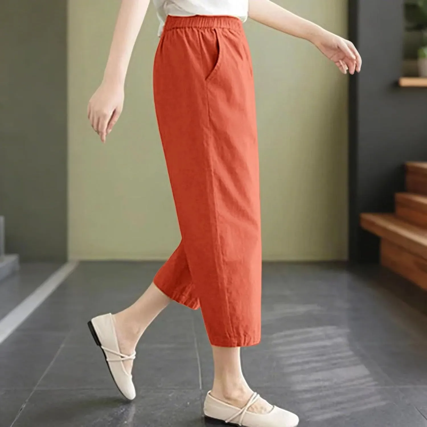 Wide Leg Linen Pants for Women Summer Beach Capri Palazzo Flowy Pant Casual Loose High Waist Trousers with Pockets