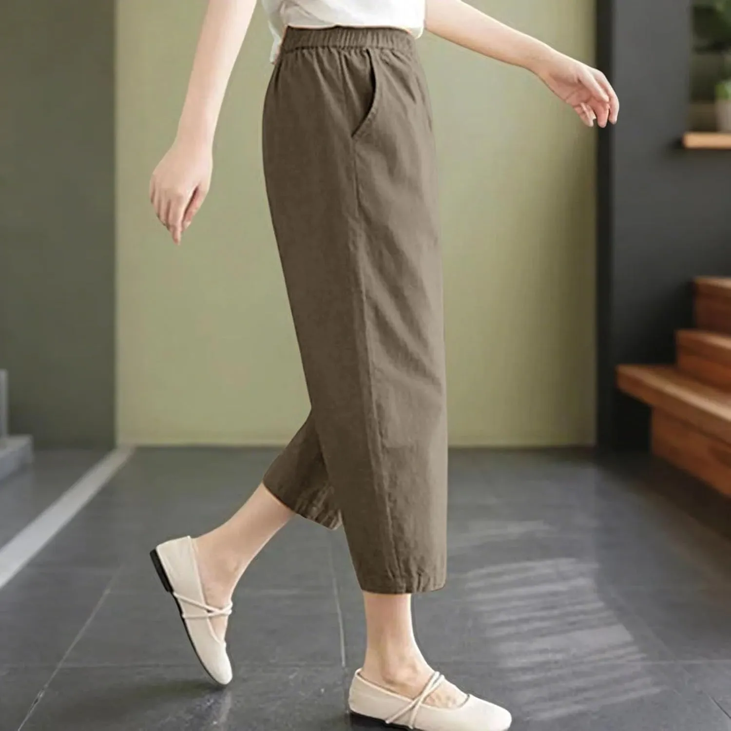 Wide Leg Linen Pants for Women Summer Beach Capri Palazzo Flowy Pant Casual Loose High Waist Trousers with Pockets