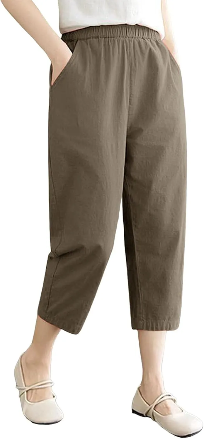 Wide Leg Linen Pants for Women Summer Beach Capri Palazzo Flowy Pant Casual Loose High Waist Trousers with Pockets