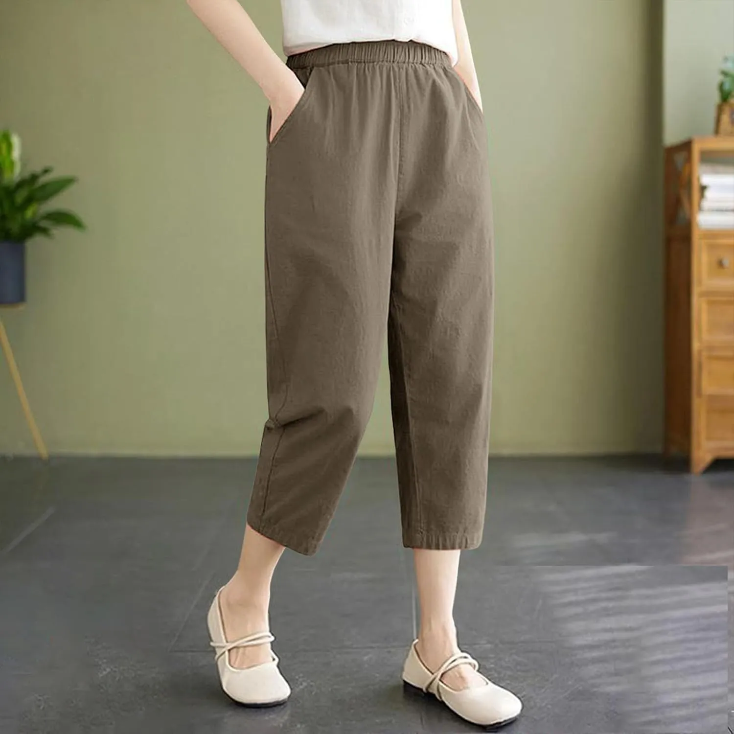 Wide Leg Linen Pants for Women Summer Beach Capri Palazzo Flowy Pant Casual Loose High Waist Trousers with Pockets
