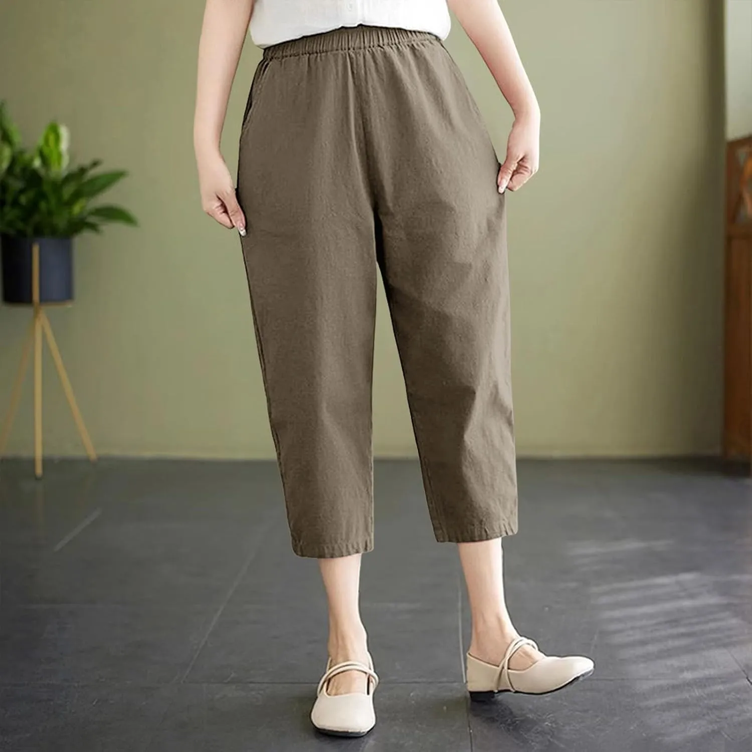 Wide Leg Linen Pants for Women Summer Beach Capri Palazzo Flowy Pant Casual Loose High Waist Trousers with Pockets