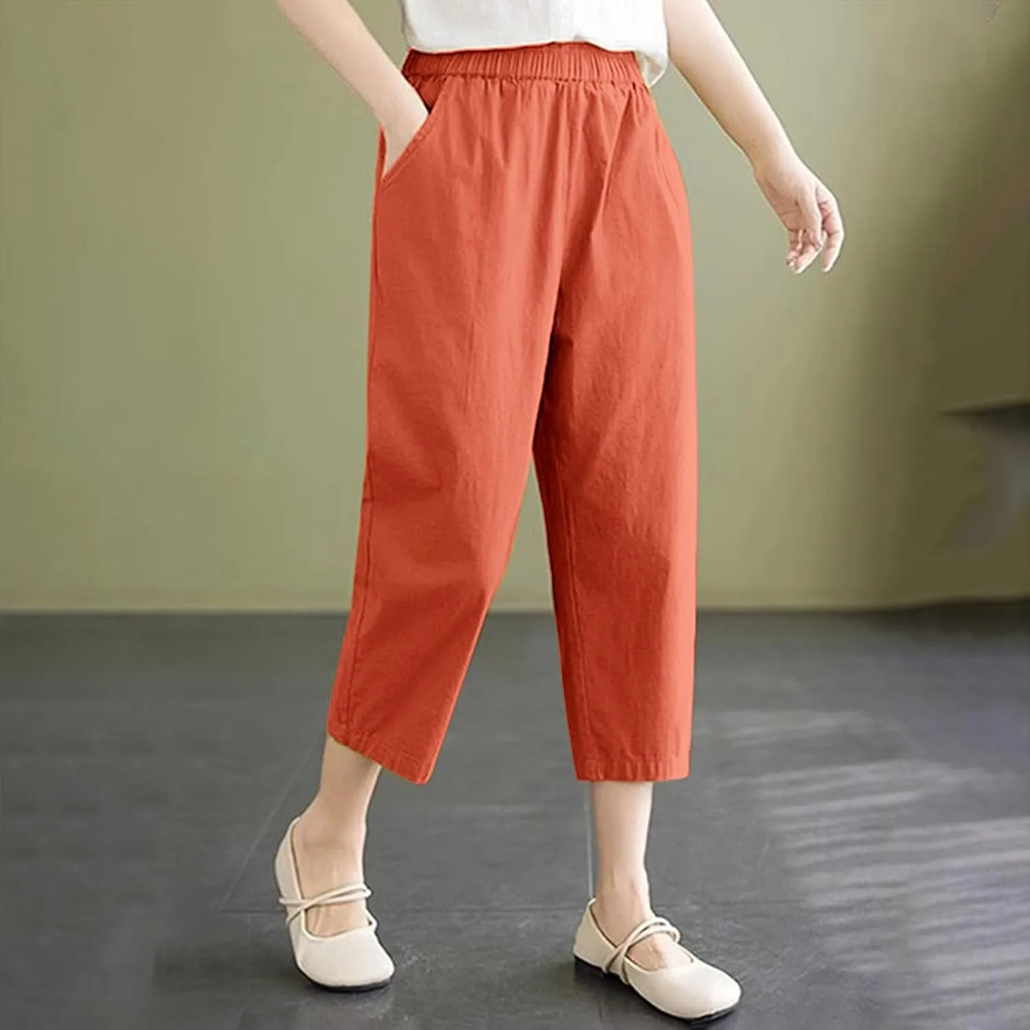 Wide Leg Linen Pants for Women Summer Beach Capri Palazzo Flowy Pant Casual Loose High Waist Trousers with Pockets
