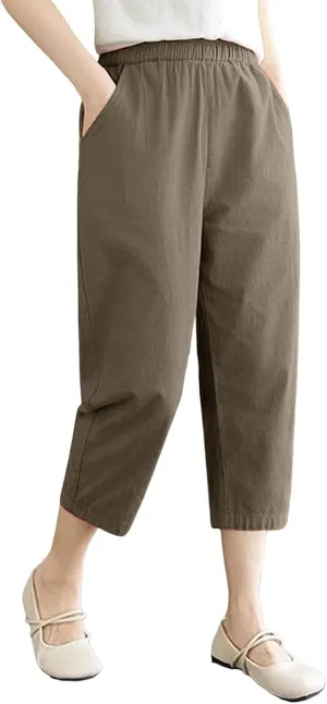 Wide Leg Linen Pants for Women Summer Beach Capri Palazzo Flowy Pant Casual Loose High Waist Trousers with Pockets